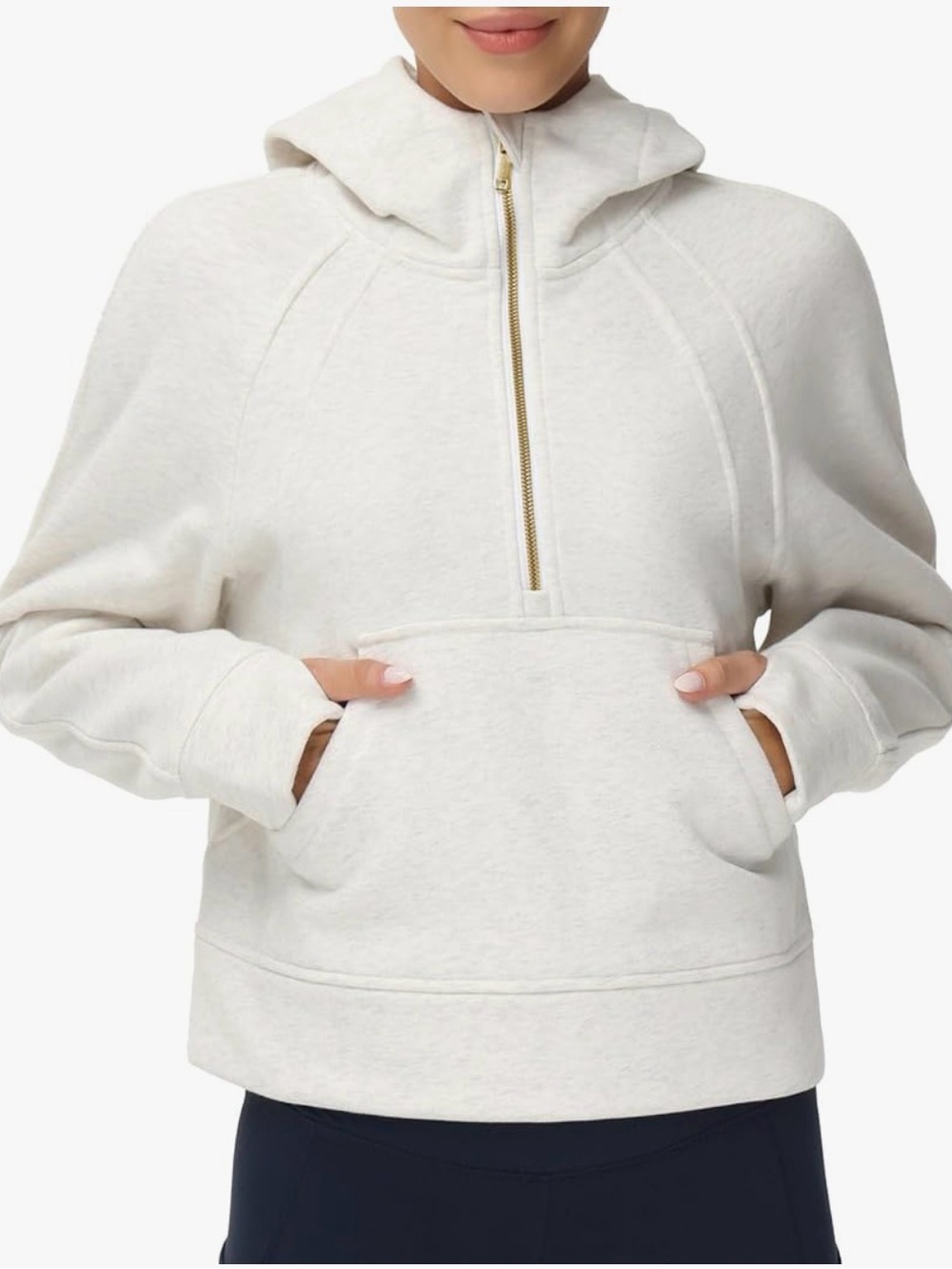 The Gym People - Women's Heather White Half-Zip Hoodie Sweater with Gold Zipper